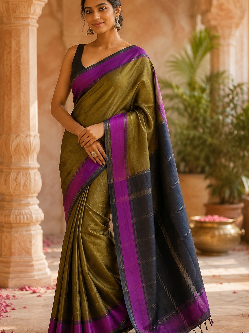 Women Pure Silk Pure Zari Vintage Korvai Kannjivaram Mehendi Green/Purple/Black